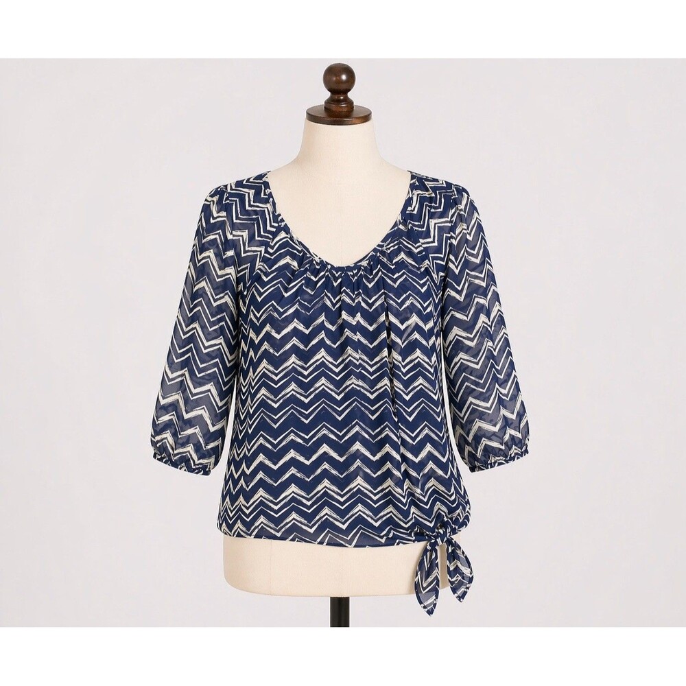 HeartSoul Womens Medium Semi Sheer Chevron Blouse Navy White 3/4 Sleeve Tie Hem